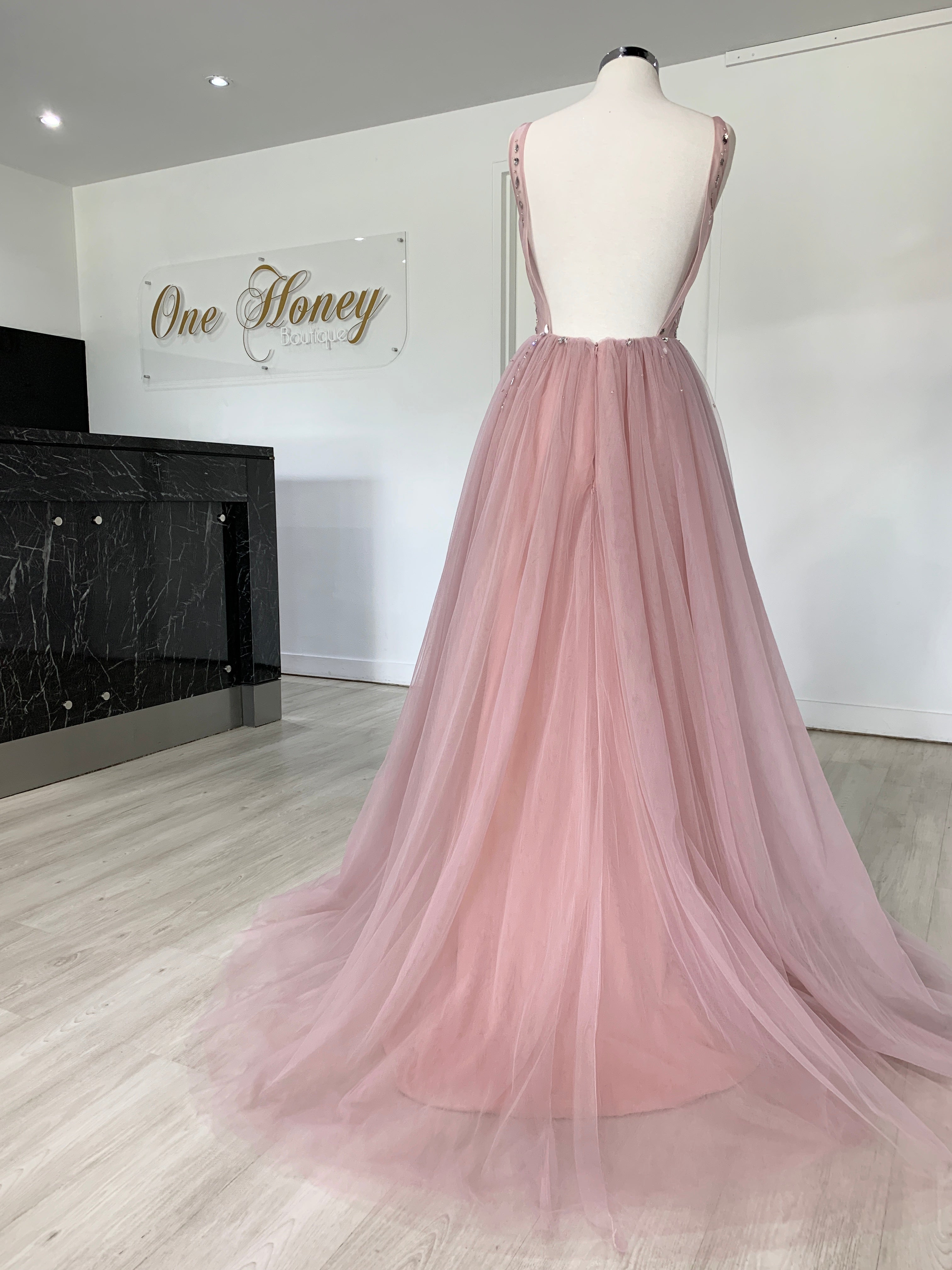 Dusty Pink V Neck Flowy Prom Dres with High Slit
